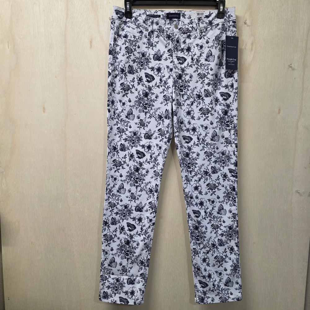 Charter Club Lexington Straight Leg Jeans White Navy Blue Floral Butterfly 12